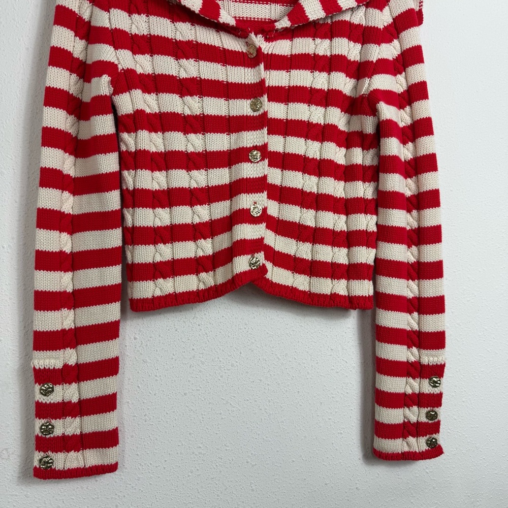 Zara Sailor Collar Striped Cable Knit Cardigan Sweater Red Sz Medium - Picture 4 of 6